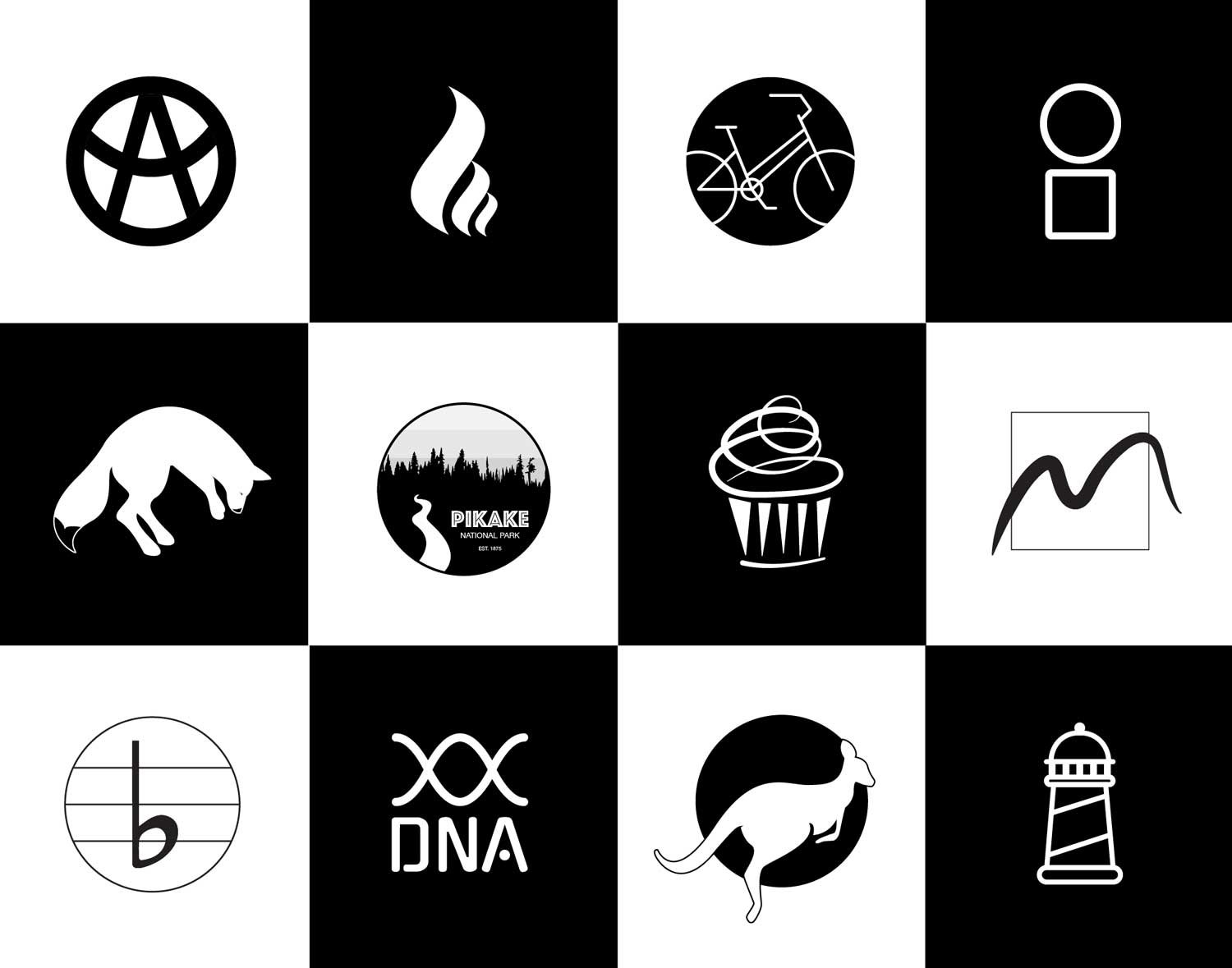 Grid of black and white logo designs
